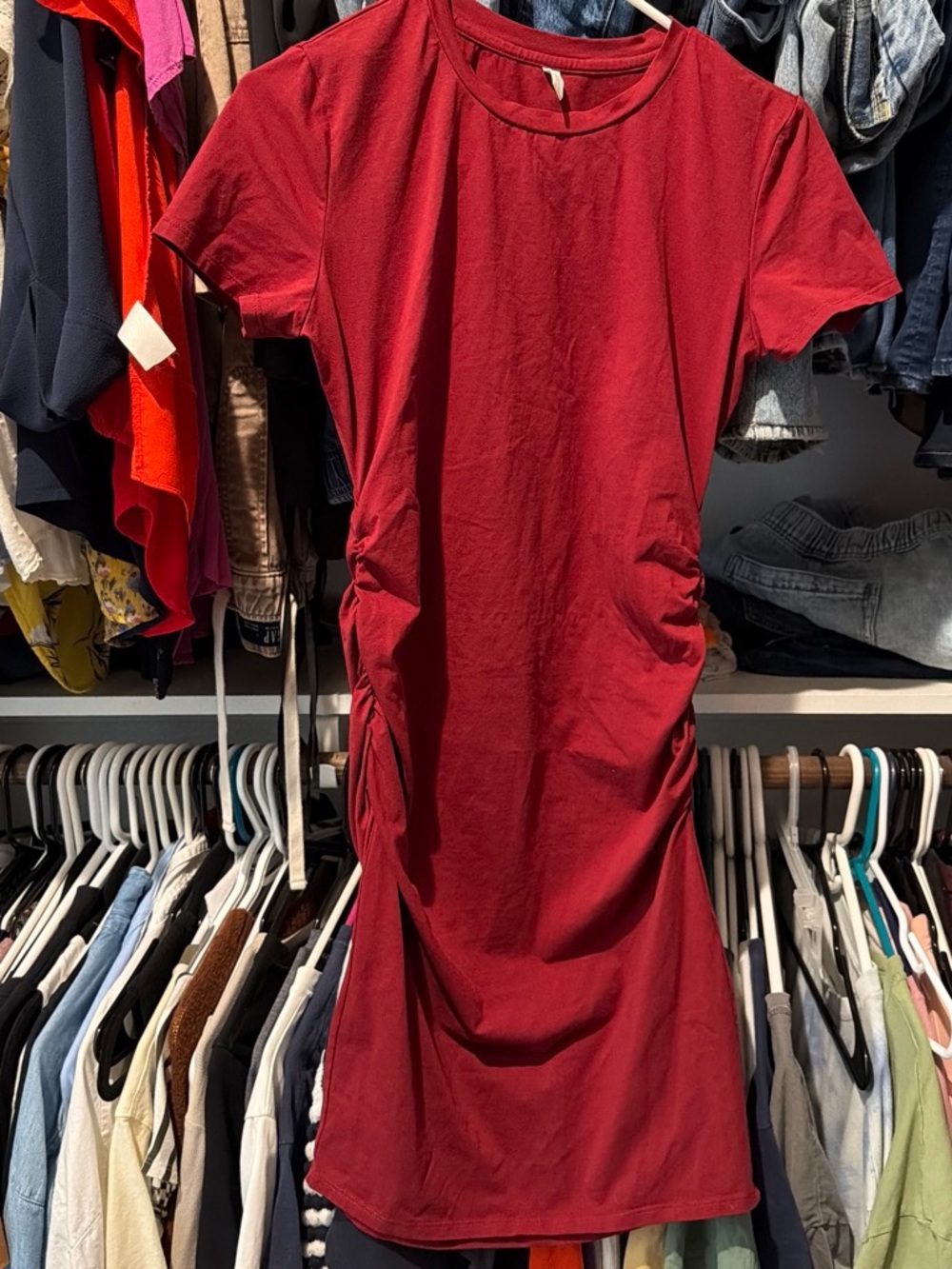 Short Sleeve Ruched Midi Dress in Deep Red